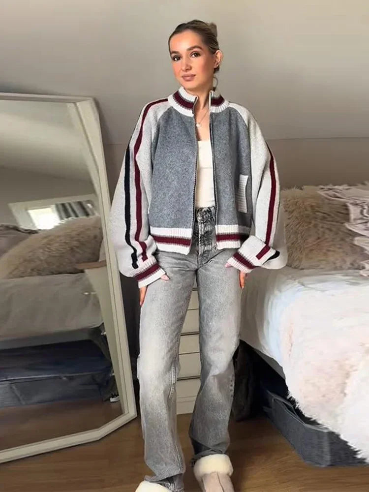 Printed Striped Knitted Baseball Cardigan for Women