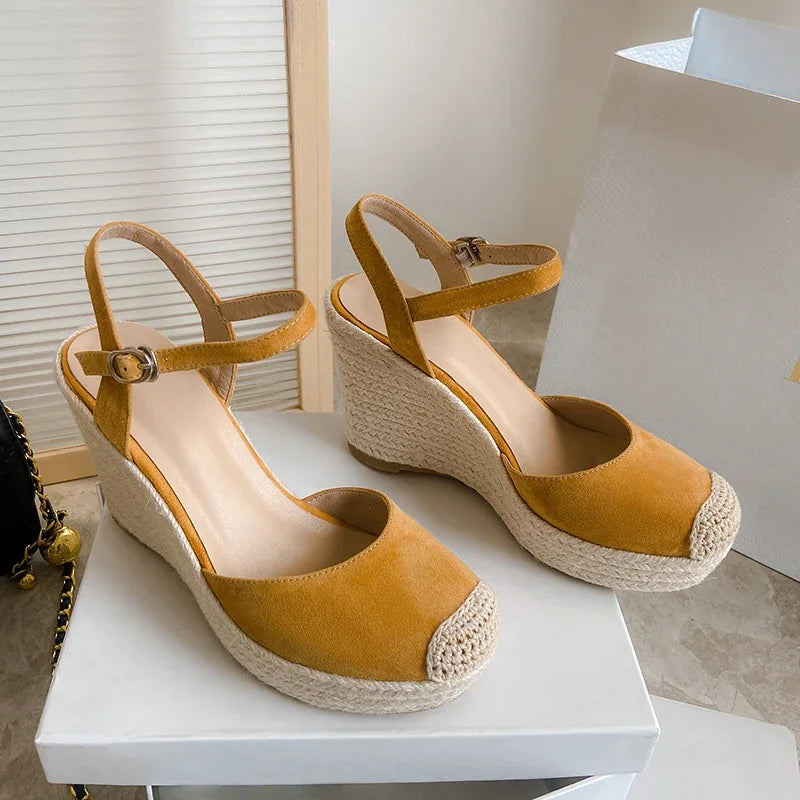 Elegant Apricot Suede Wedge Platform Sandals for Women