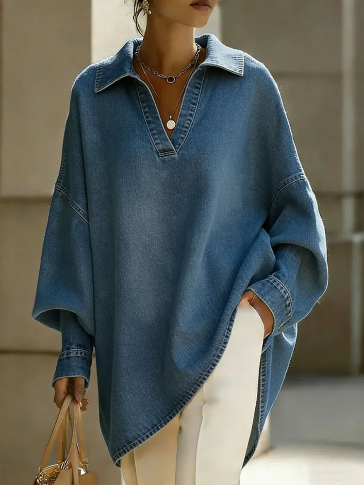 Bonboho Women's Light Blue Washed V-Neck Oversized Denim Shirt 2026 Summer Elegant Casual Blouse for Office & Vacation