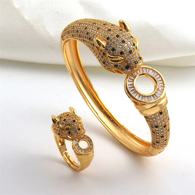 Leopard Pave Bracelet and Ring Jewelry Set for Women