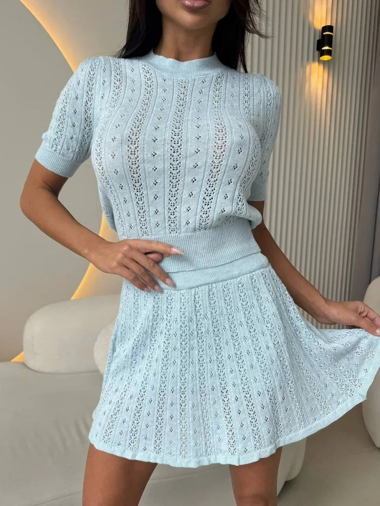 Hollow Out Knit Sweater And Mini Skirt Set for Women