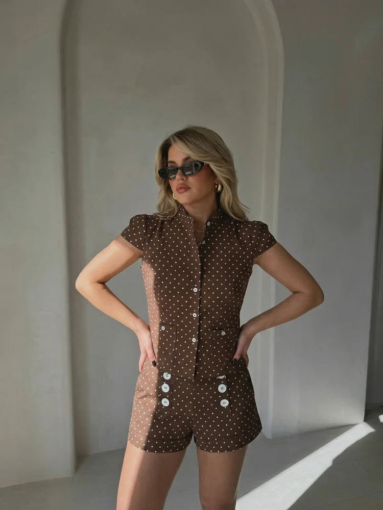 Elegant Polka Dot Button T Shirt and Shorts Set for Women