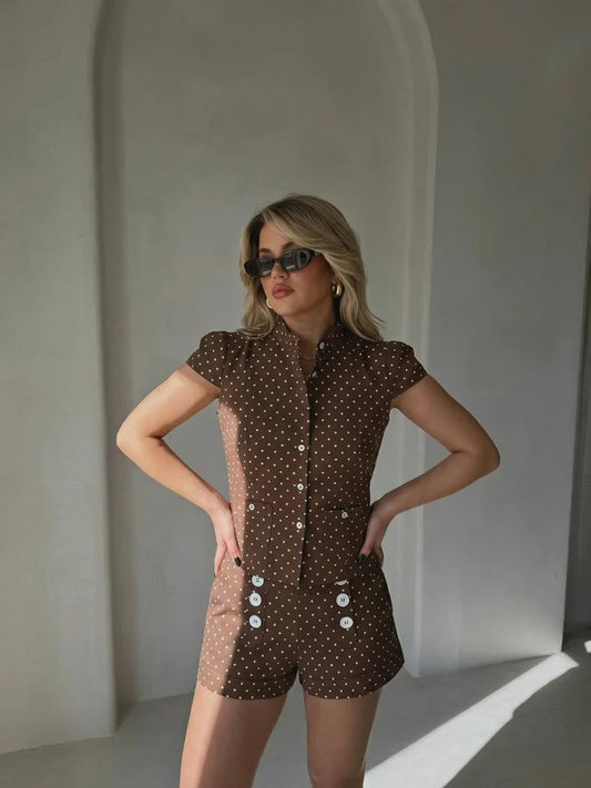 Polka Dot Button Tee And Shorts Set