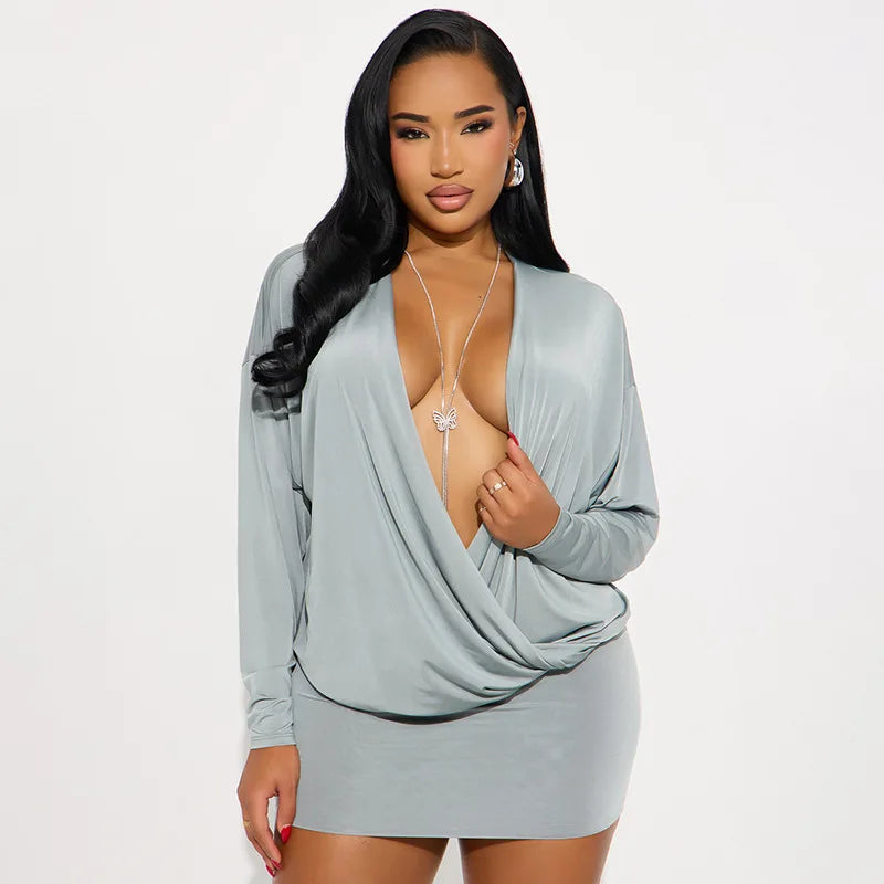 Solid Color Long-Sleeved V-Neck Mini Dress for Women
