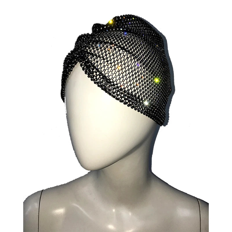 Sparkly Rhinestone Fishnet Turban Head Wrap for Women
