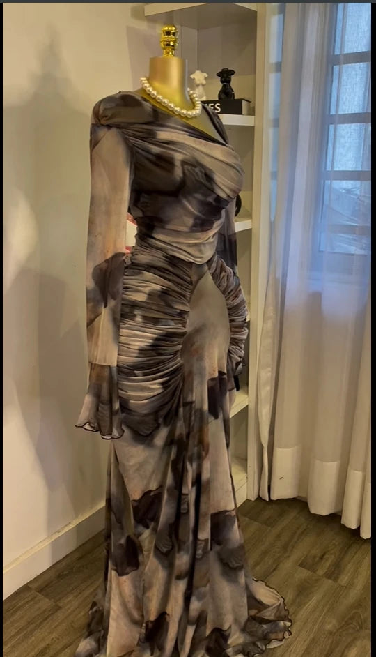 Tie Dye Ruched Skew Neck Long Sleeve Maxi Dress for Women