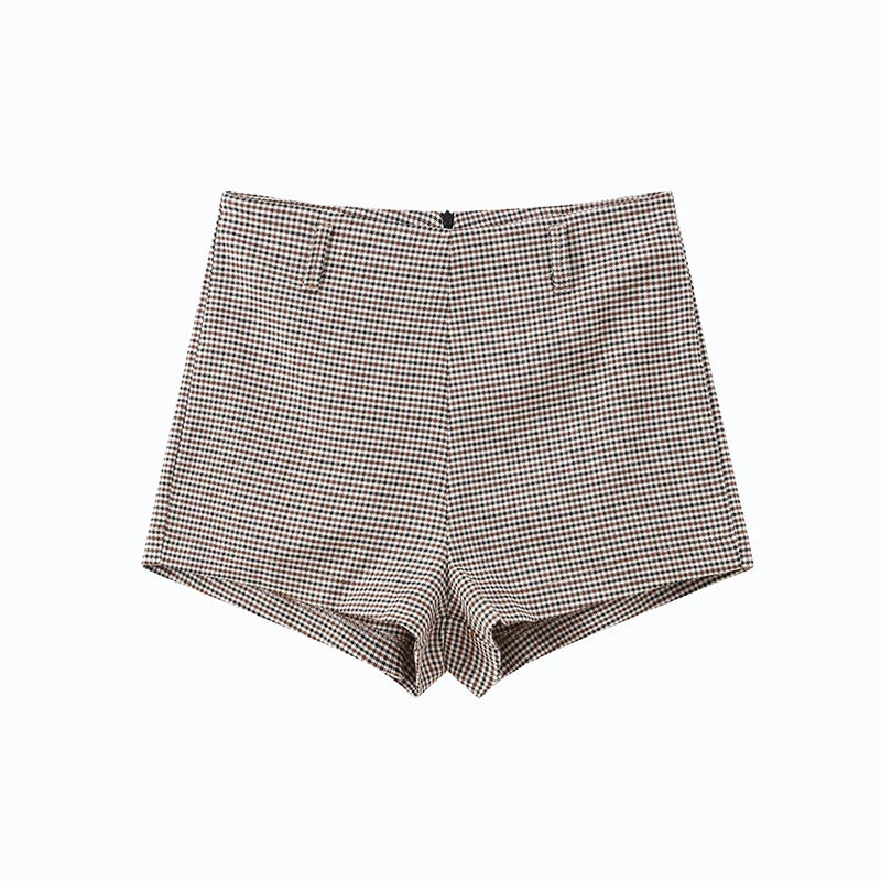 Vintage Plaid Lapel Blazer and Shorts Set for Women