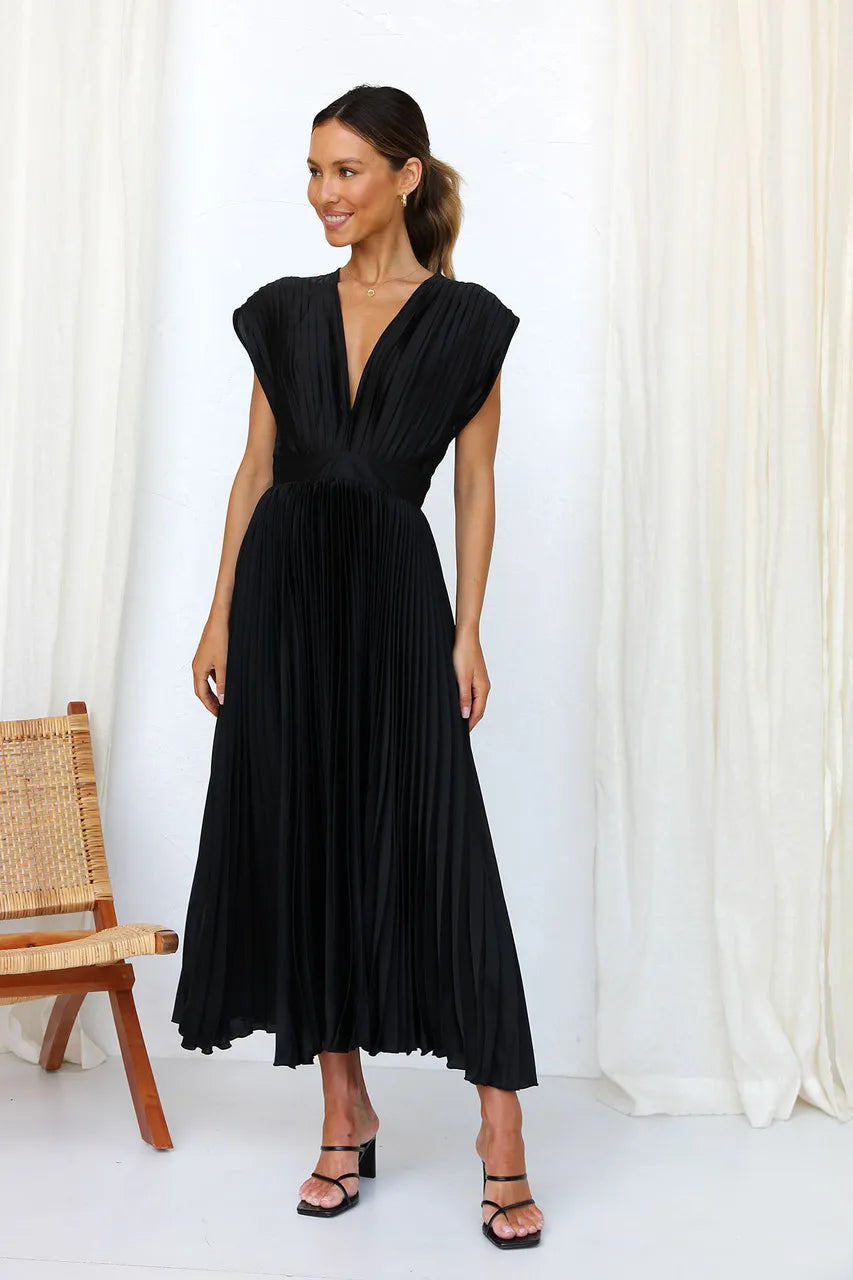 Elegance Draped V-Neck Pleated Skirt Dress 2025 Women Solid Strapless Backless Patchwork Loungewear Simple Maxi Dress