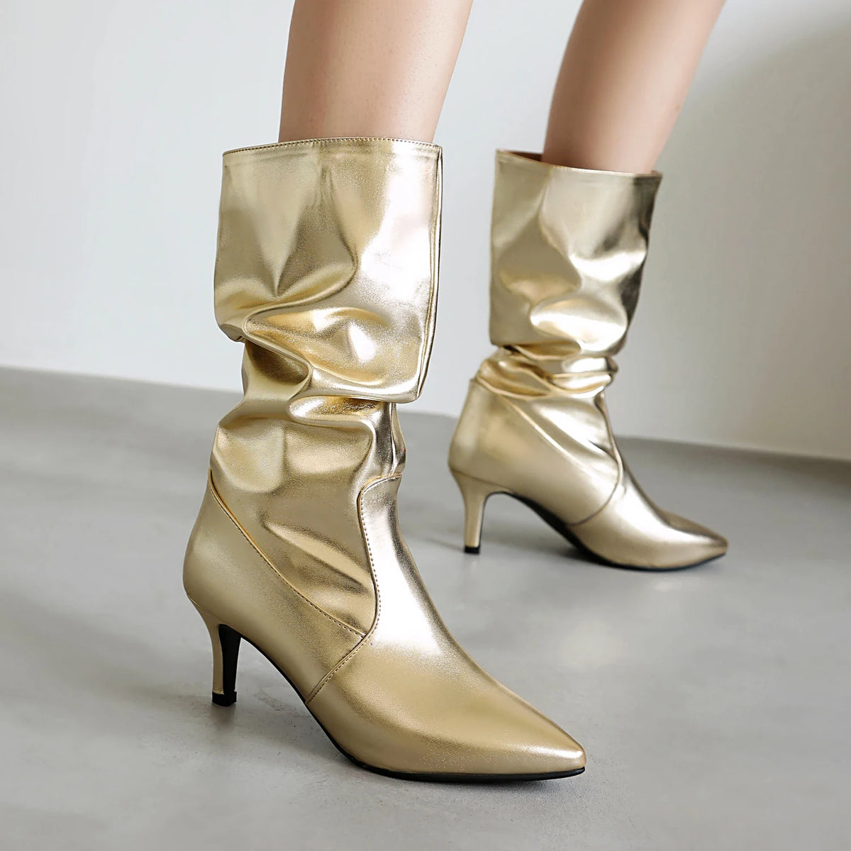 Metallic Pleated Pointed Toe Mid-Calf Stiletto Boots for Women