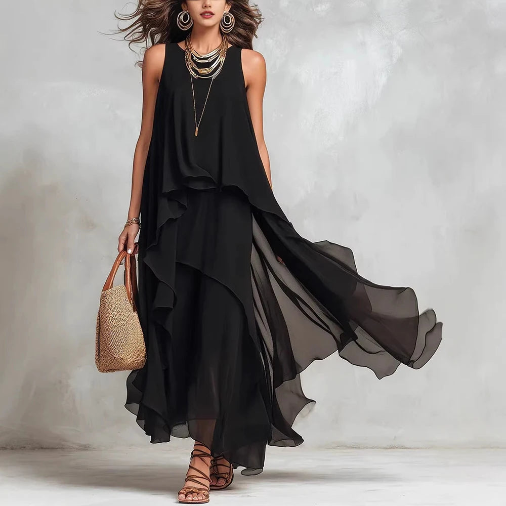 Boho Chiffon Tiered Asymmetrical Maxi Dress For Women