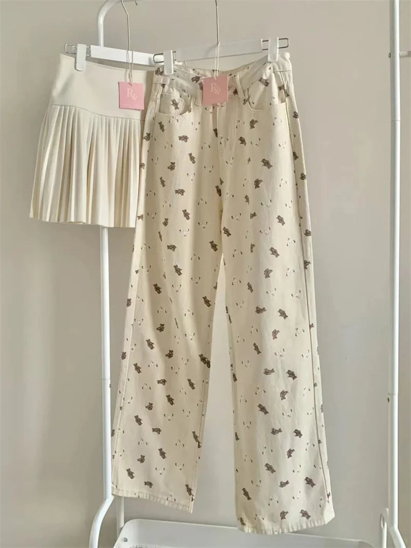High Rise Wide Leg Printed Denim Pants For Women