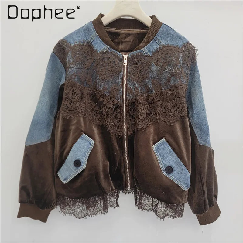 Casual Relaxed Fit Velvet Baseball Jacket for Women