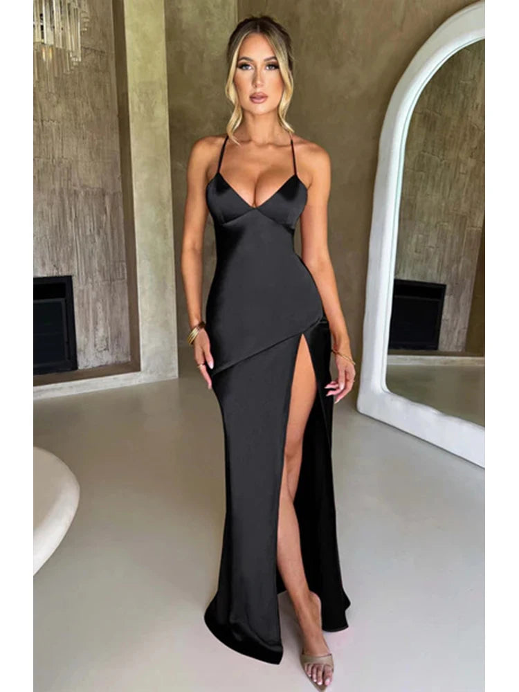 Elegant Backless Satin Maxi Dress With Lace Up For Women