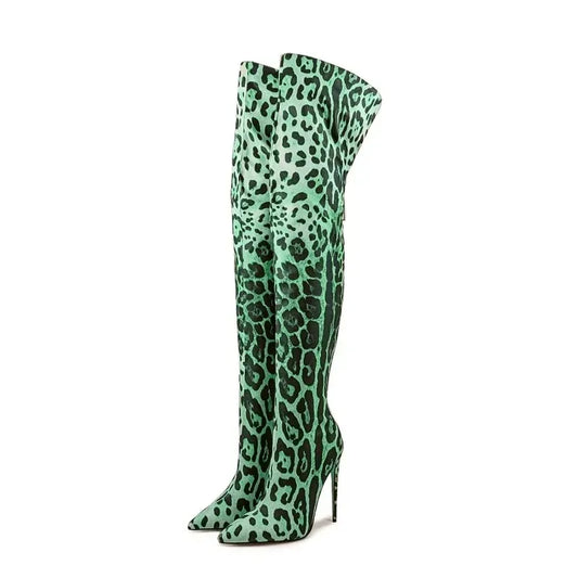 Pointed Toe Striped Zip Knee Boots