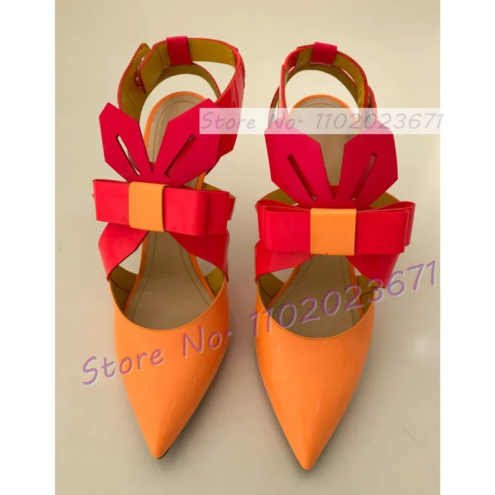 Multicolor Patent Leather Slingback Sandals Women Fashion Folding Bowknot Pointy Toe High Heels Sandals Party Chic Lovely Shoes