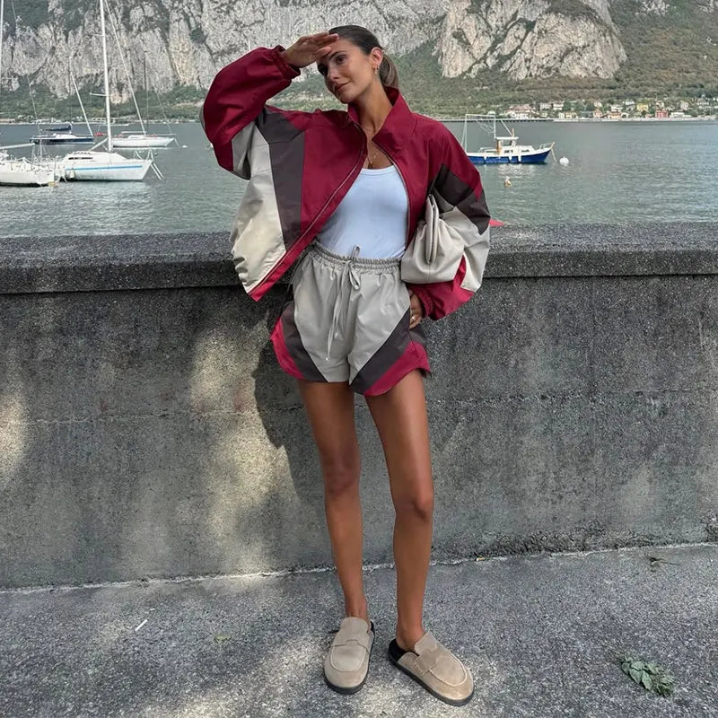 Contrast Color Zip Jacket and Shorts Two Piece Set for Women