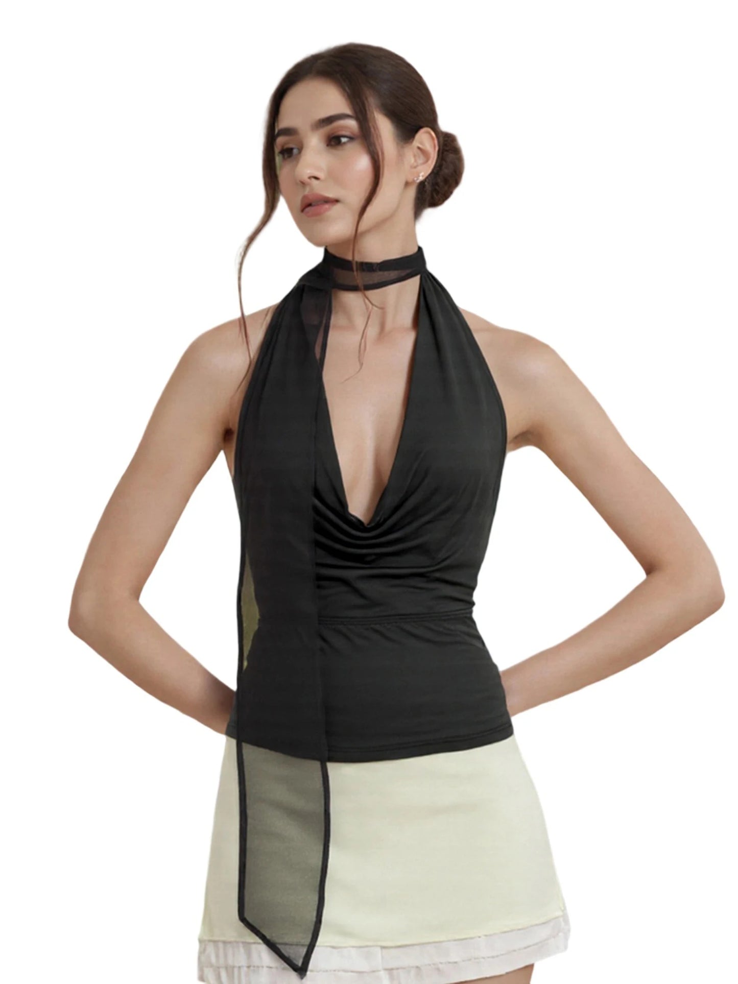 Women Tank Tops Solid Color Deep V-Neck Cowl Neck Halter Neck Casual Vests Summer Sleeveless Tops Streetwear