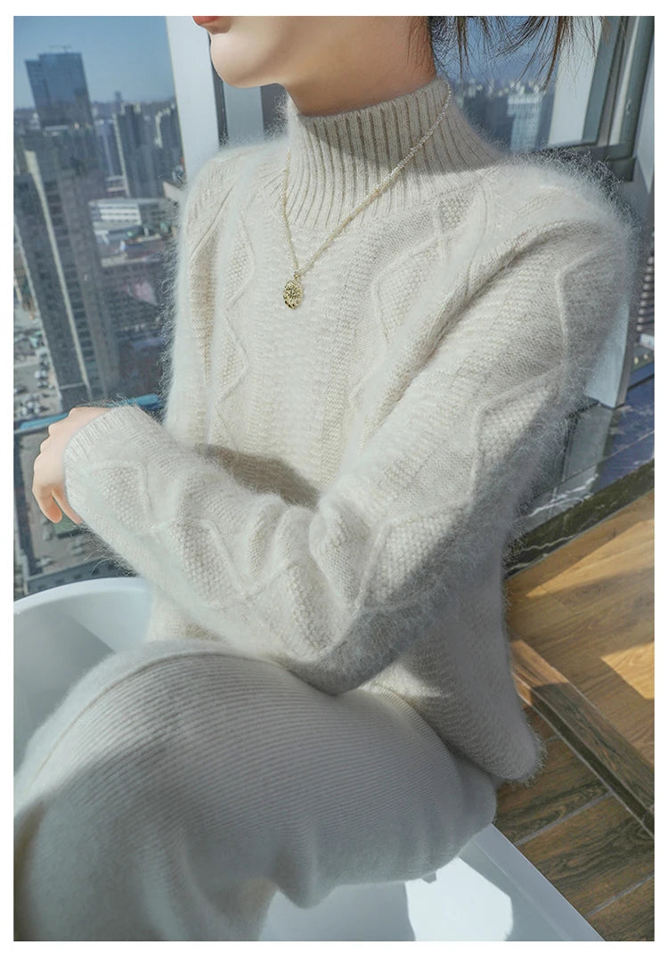 Floral Jacquard Long Sleeve High Neck Knit Sweater for Women