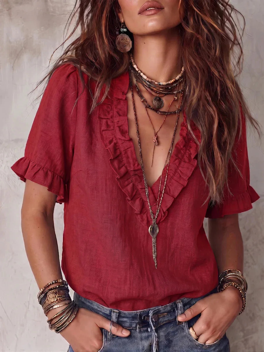 Soft V-Neck Ruffle Short Sleeve Loose Blouse for Women