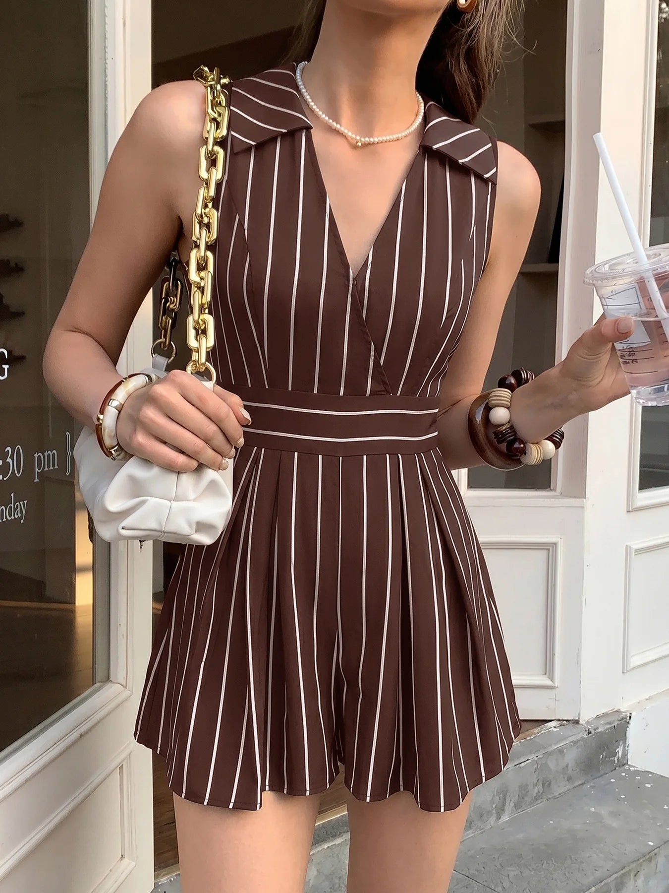 Striped Sleeveless Lapel V Neck High Waist Romper Shorts for Women