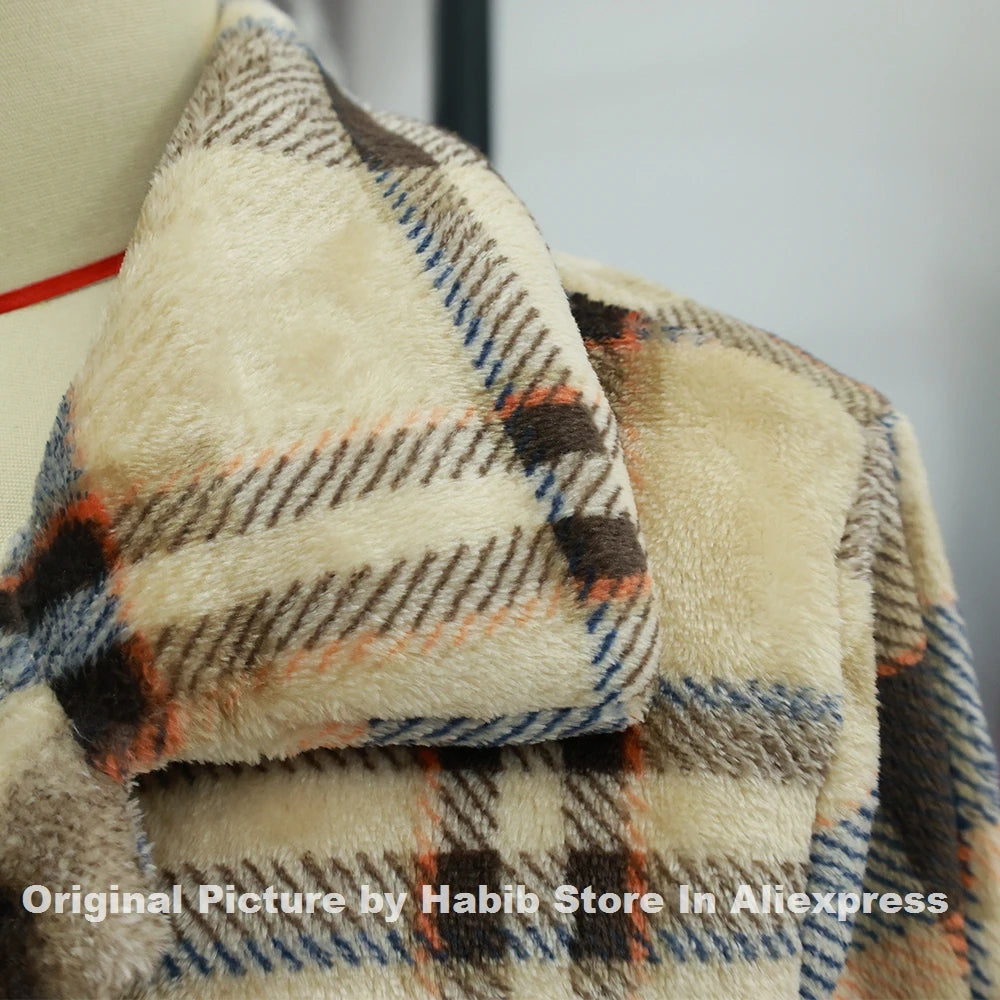 Flannel Plush Warm Plaid Jacket Women's Medium-length Winter New Style Korean Version Loose-fit Long Jacket Warm Long Sleeve