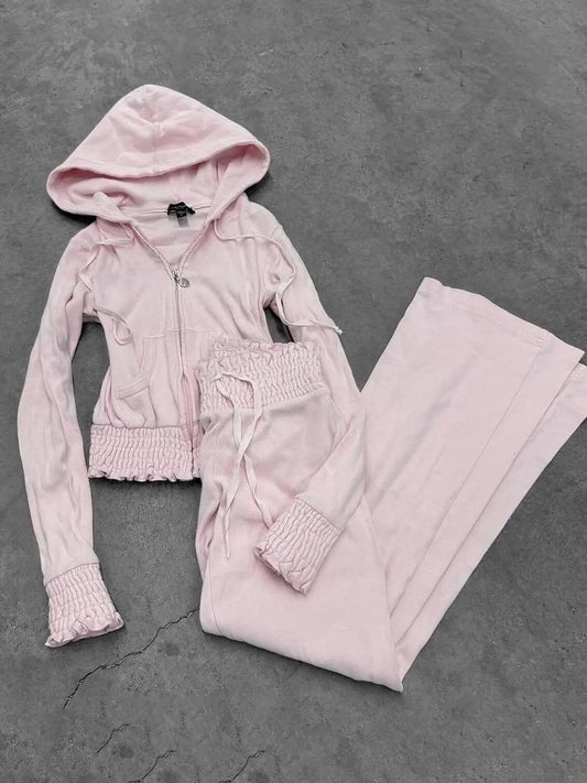 Vintage Sweatshirt 2-Piece Set Y2k 2000s Goth Harajuku Korea Coat+Pants Slim High Street Winter Basics Grunge Emo Sportswear Set