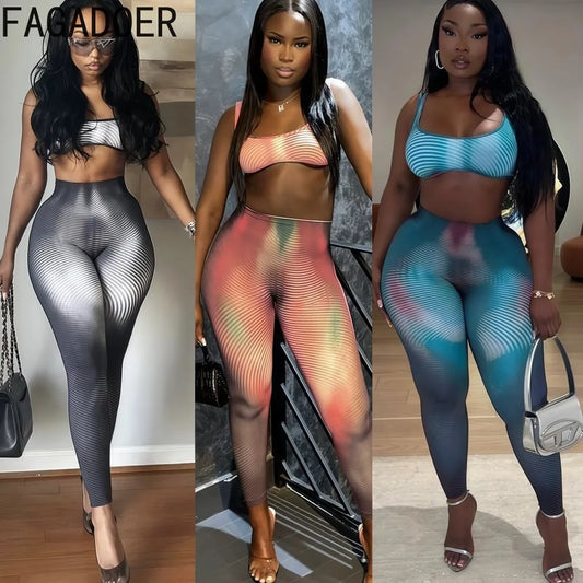 FAGADOER Fashion Stripe Patchwork 2 Piece Sets Woman Outfit Gradient Backless Vest Top + Skiny Pants Suit Female Jogger Clothing
