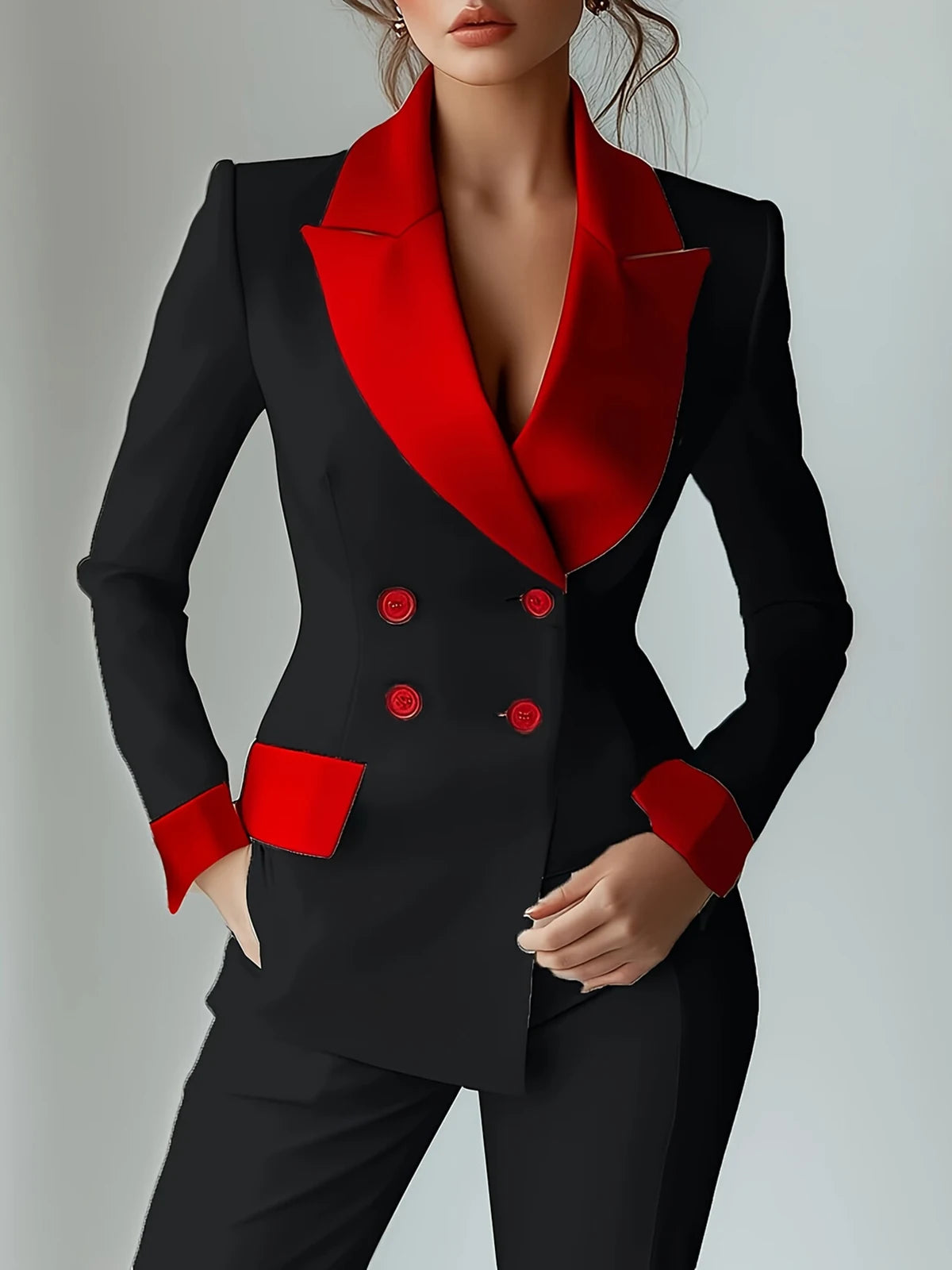 Elegant Contrast Lapel Double Breasted Suit Jacket For Women