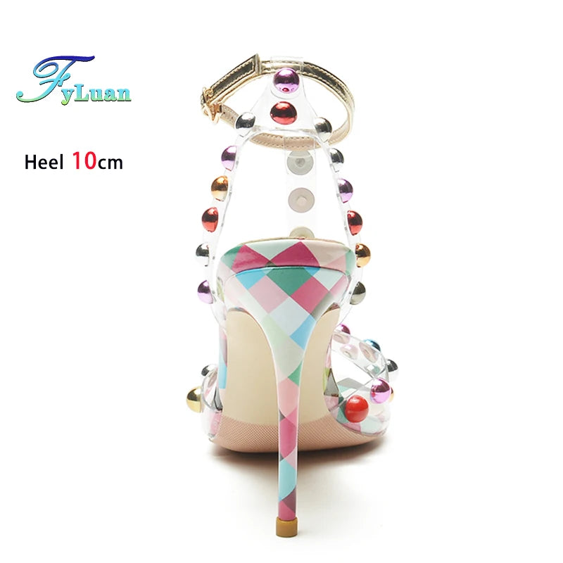 Studded Transparent T-Strap Stiletto Sandals for Women