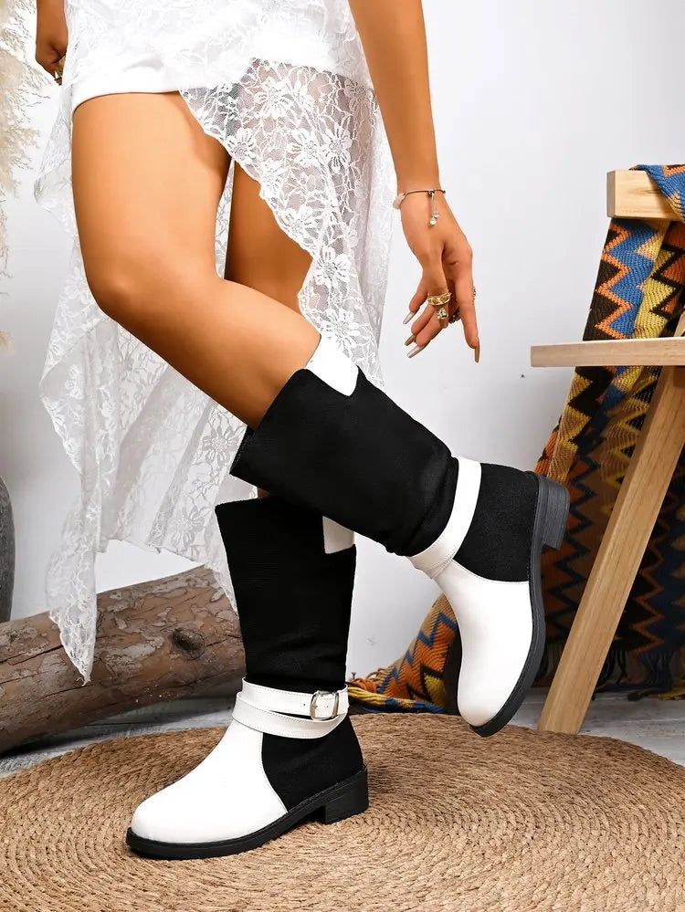 Women's large-sized black and white patchwork thigh-high knee-length fashion boots 2025 autumn/Winter round-toed boots