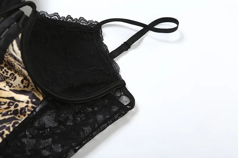 Sexy Skirt Women Product Backless Slim Fit Perspective Lace Leopard Print Patchwork Suspender Short Dresses 2025 Autumn Winter