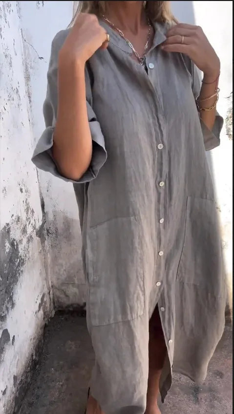 Loose Mid Calf Single Breasted Shirt Dress With Pockets For Women