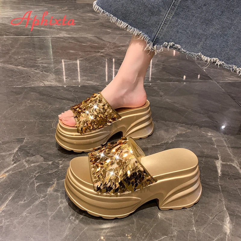 Metallic Sequined Platform Wedge Sandals for Women