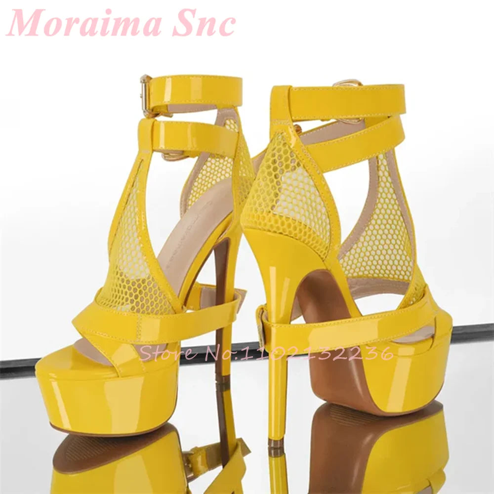 Mesh Cutout Patent Platform Sandals