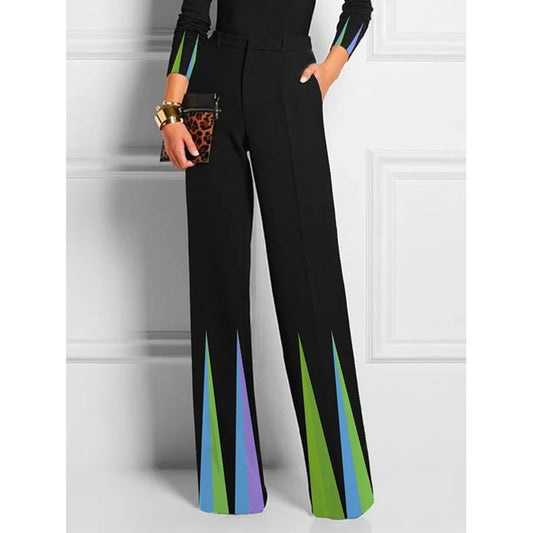 2025 New Women Black Printed Straight Leg Pants Pockets Loose Fit High Waisted Office Business Casual Trousers