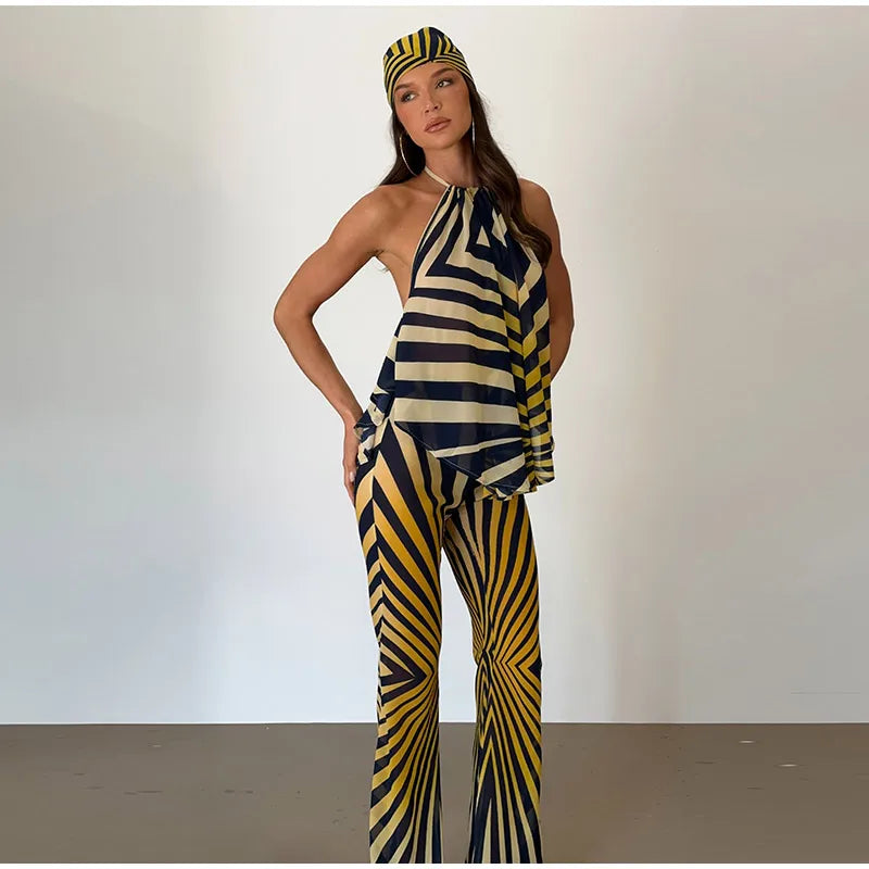 Retro Geometric Stripe Two Piece Set With Halter Top And Flare Pants for Women