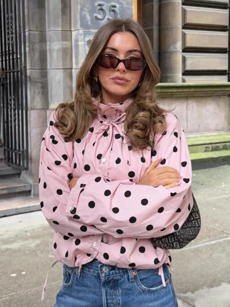 Pink Polka Dot High Collar Button Front Jacket for Women