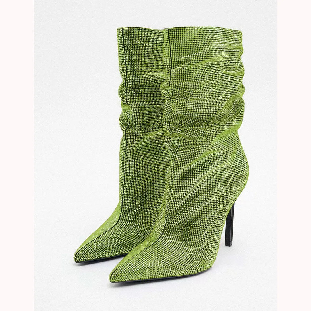 Rhinestone Embellished Pointed Toe Stiletto Boots For Women