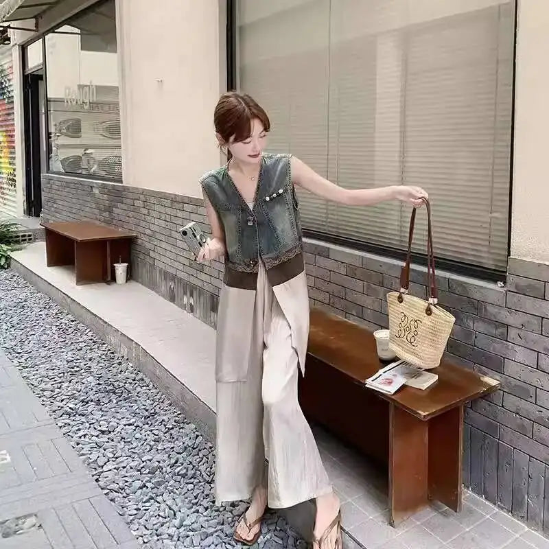 ANJY Summer New Women's High Street Fashion Unique Design Denim Patchwork Contrast Color Button Vest Casual Wide Leg Pants A7944