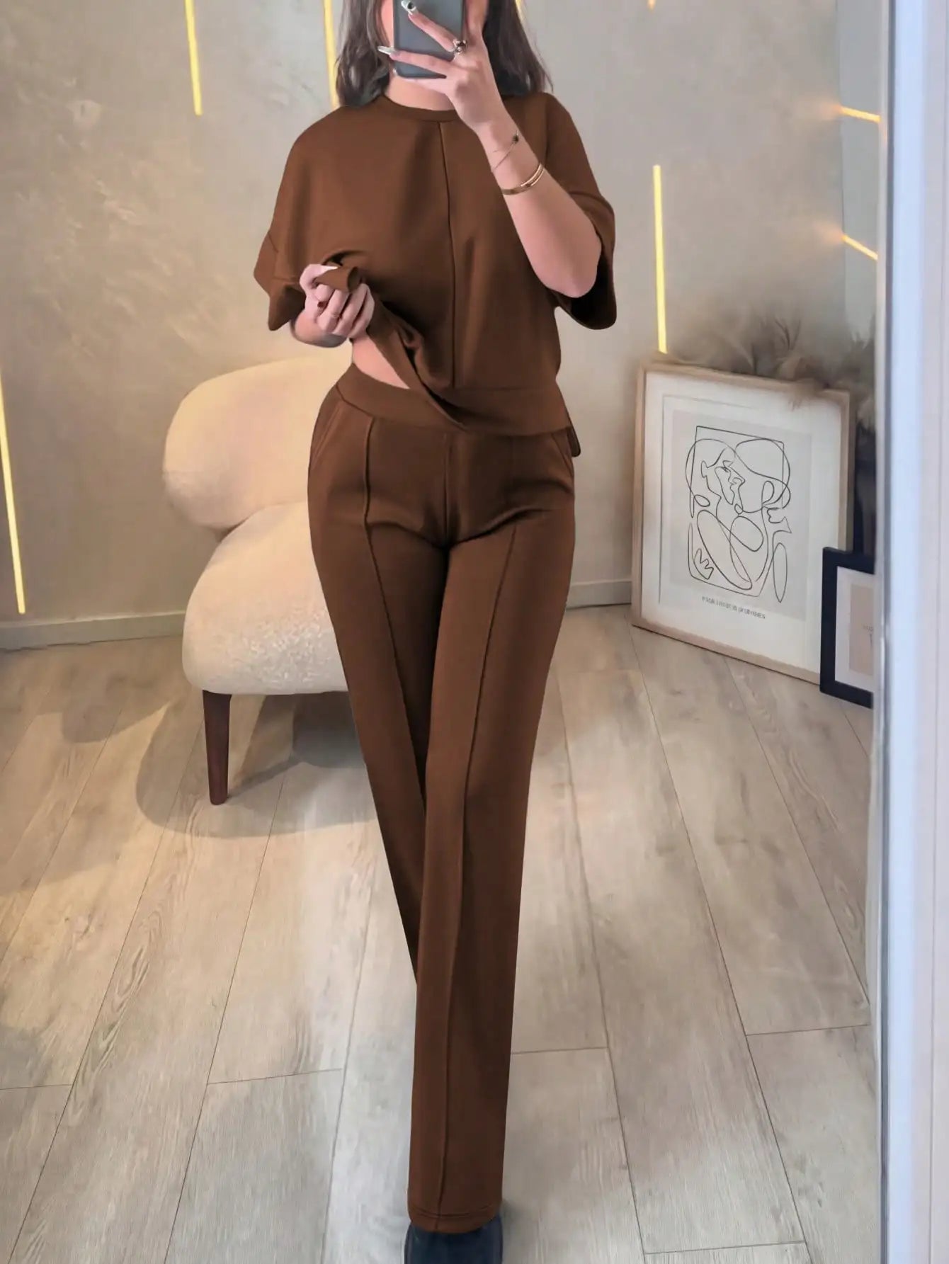 New Spring and Summer Ladies' Set: Comfortable Solid-Color Short-Sleeve Top with Elastic Waist Pocketed Long Pants Two-Piece Set, Soft Stretch Polyester-Acrylic Fabric