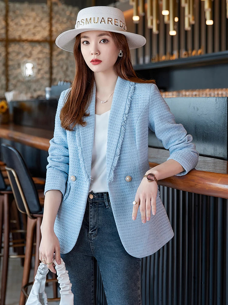 Autumn Winter Outwear Casual Blazer Women Ladies Jacket Pink White Blue Female Slim Long Sleeve Single Breasted Coat