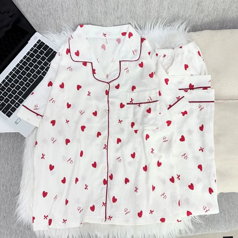 Korean Cute Heart Bow Print Pajamas Set Women 3 Piece Summer Soft Harajuku Style Homewear Sweet Love Pattern PJ Loungewear