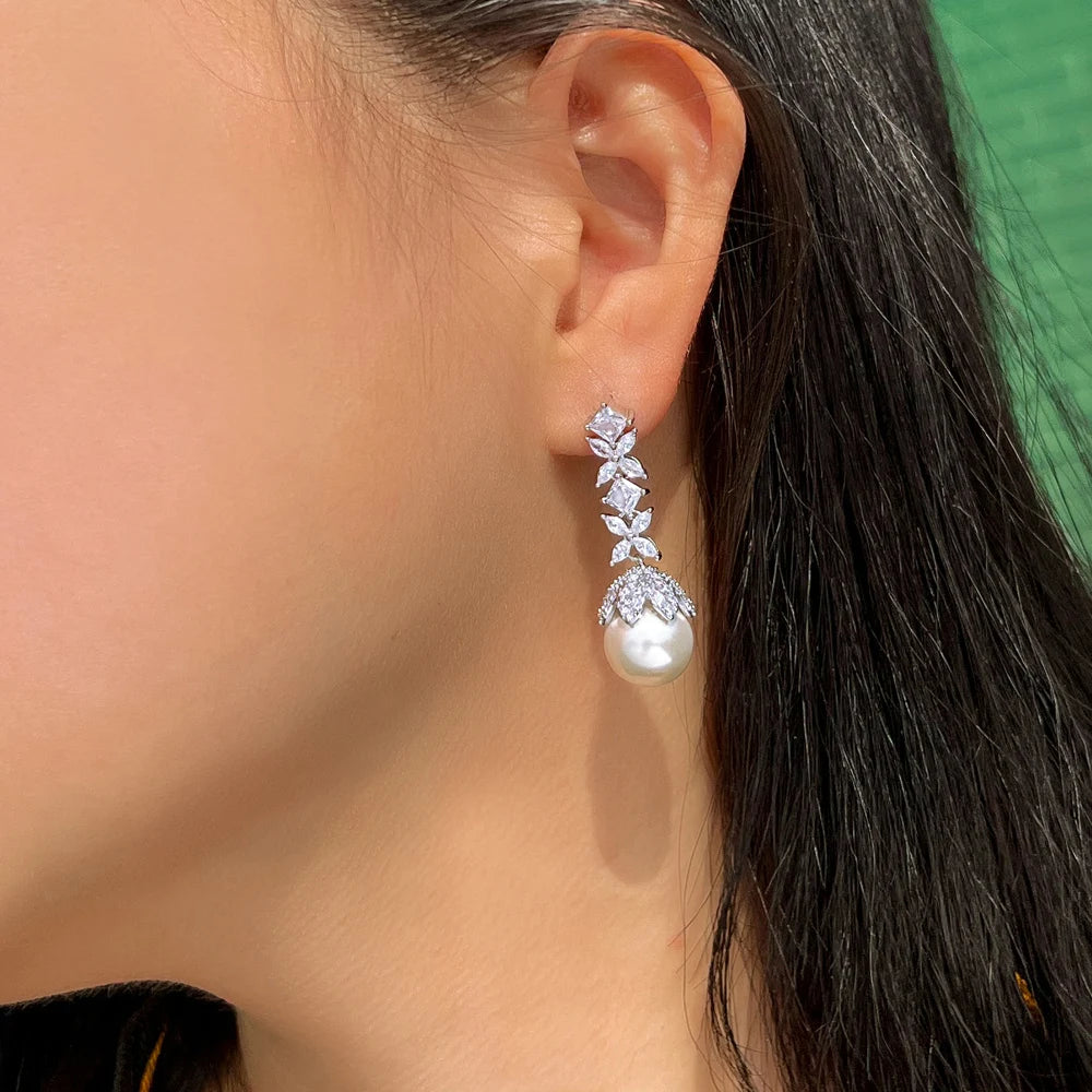Elegant Cubic Zirconia Leaf Pearl Drop Earrings for Women