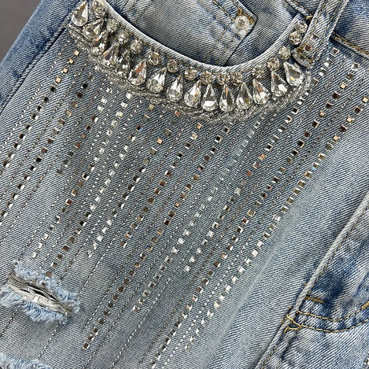 High Waist Wide Leg Jeans Women's Summer New Sle Diamond Embellied Hong Kong Sle Loose Fit Slimming Long Pants