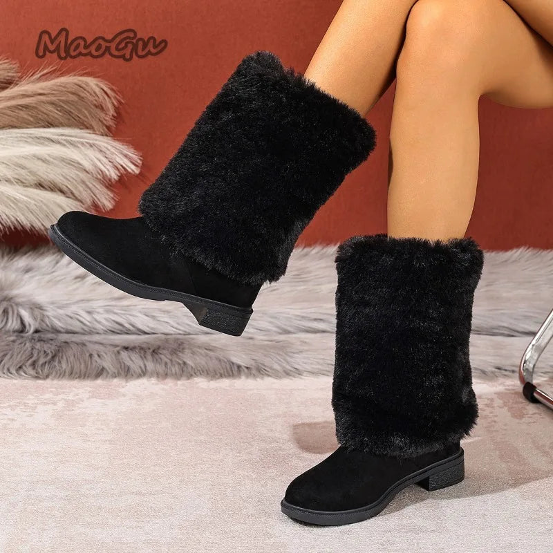 Plush Faux Fur Slip On Mid Calf Winter Snow Boots For Women