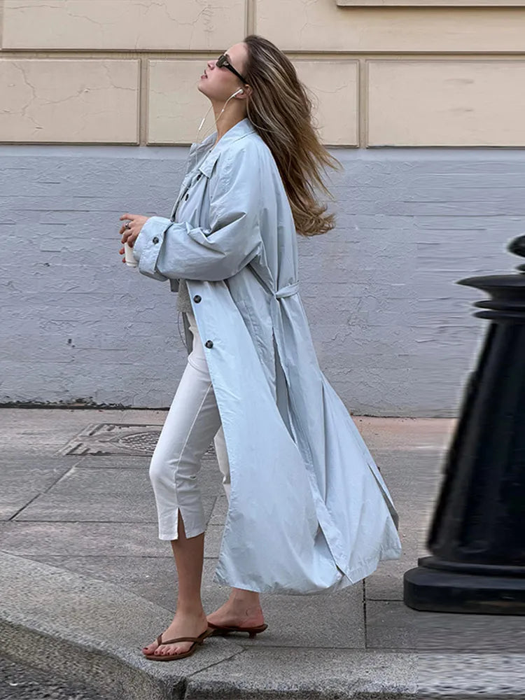 Lapel Collar Button Front Long Trench Coat With Waist Belt for Women
