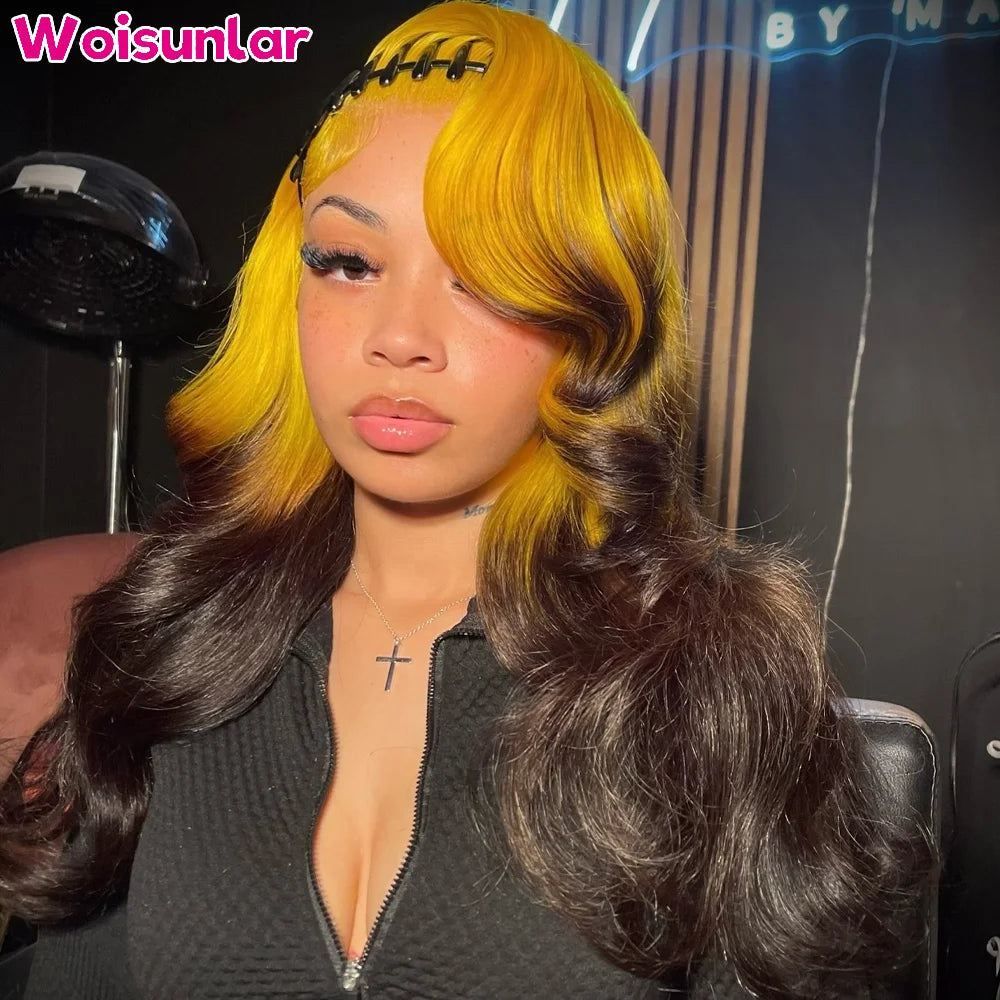 36 Inches Ombre Yellow and Brown Front Lace Wigs Human Hair 13x6 13x4 Transparent Lace Body Wave 200% Black Women Human Hair
