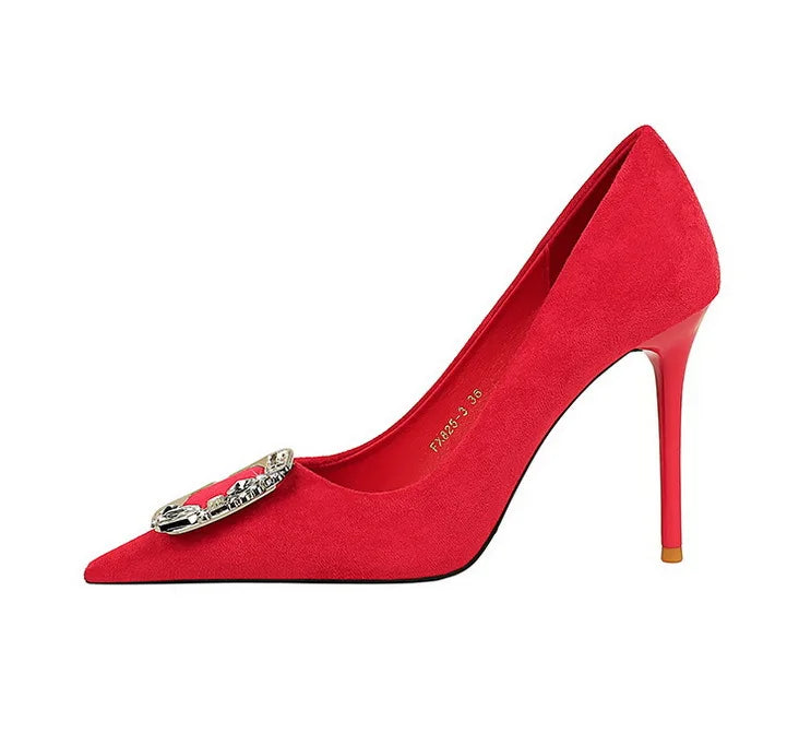 Elegant Rhinestone Buckle Suede High Heel Pumps for Women