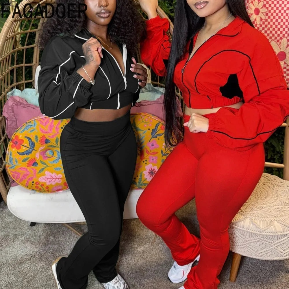 FAGADOER Casual Stripe Patchwork 2 Pieces Set for Woman Zip Long Sleeves Ruched Crop Top + Flare Pants Tracksuit Female Jogger