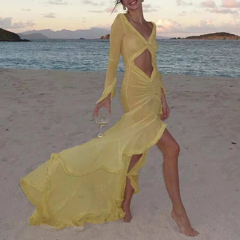 Beach Vacation Sexy Mesh Sheer Ruffled Dress for Women